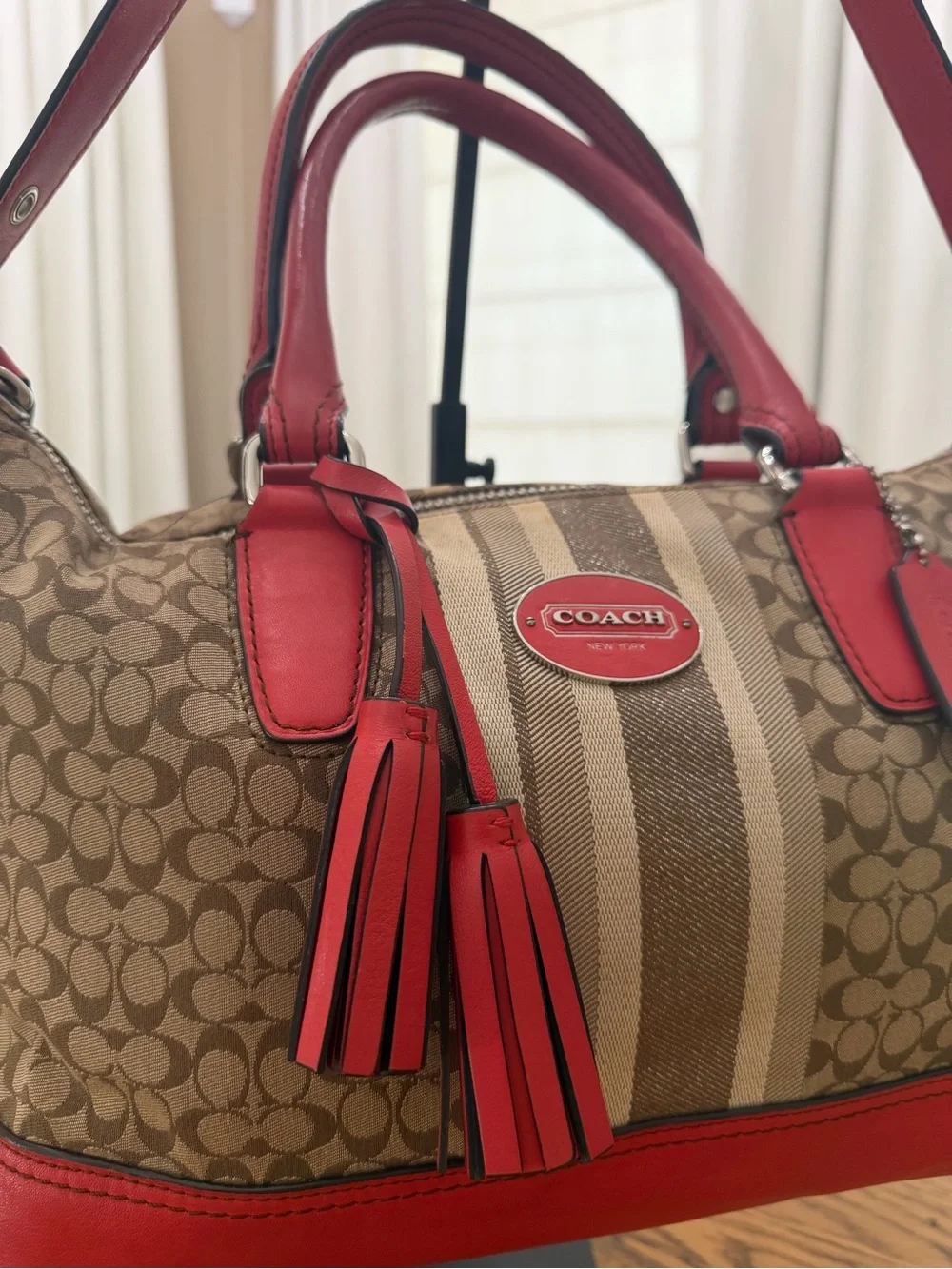 Coach Legacy Signature Canvas Satchel with Red Trim and Tassels